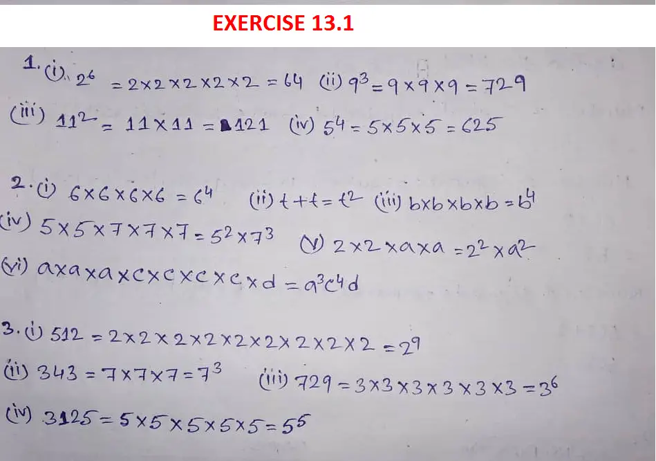 Ncert Class 7 Mathematics Thirteenth Chapter Exponents And Powers Exercise 13 1 Exercise 13 2 And Exercise 13 3 Solutions