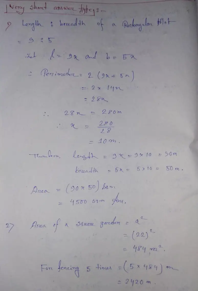 Perimeter and Area Extra Questions Solution for Class 7