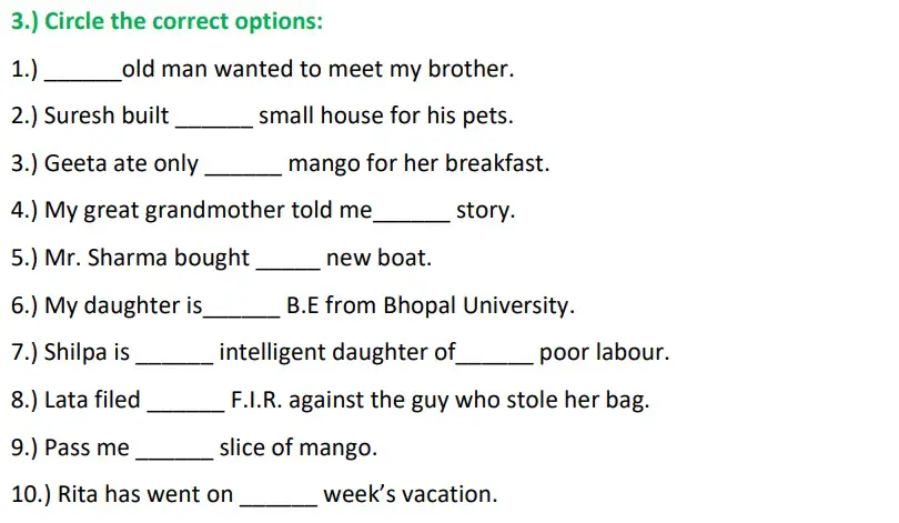 Articles Class 5 Worksheet Fill in the blanks with A/An Fill in the
