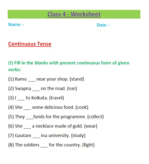 Simple And Continuous Tense Worksheet Class 7