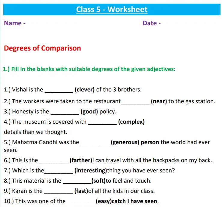Degrees Of Comparison Of Adjectives Worksheet Pdf