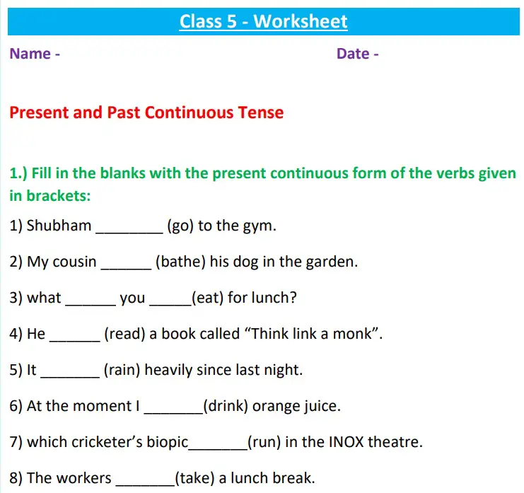 Simple And Continuous Tense Worksheet For Class 5