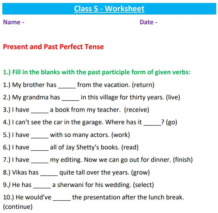 Perfect Tenses Worksheets For Grade 6