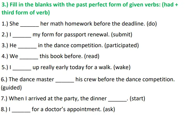 Past Perfect Tense Worksheet For Class 7