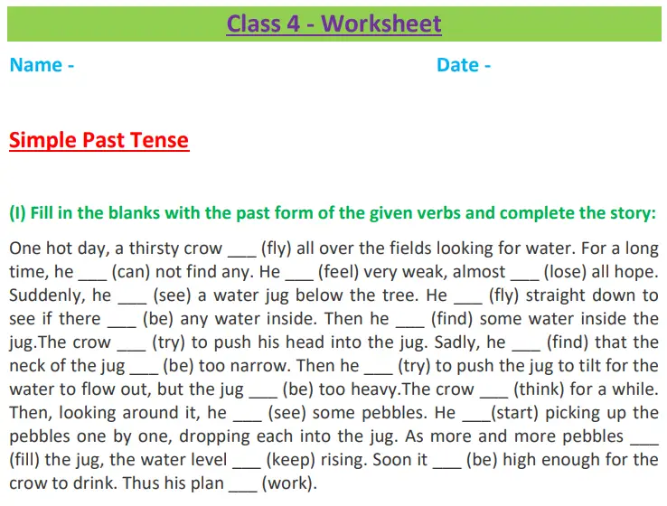 Simple Past Tense Class 4 Worksheet Fill In The Blanks Change The Verb 