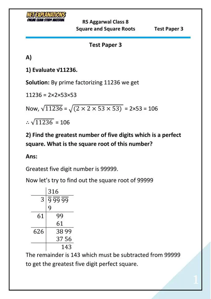 RS Aggarwal Class 8 Test Paper 3 Square and Square Root