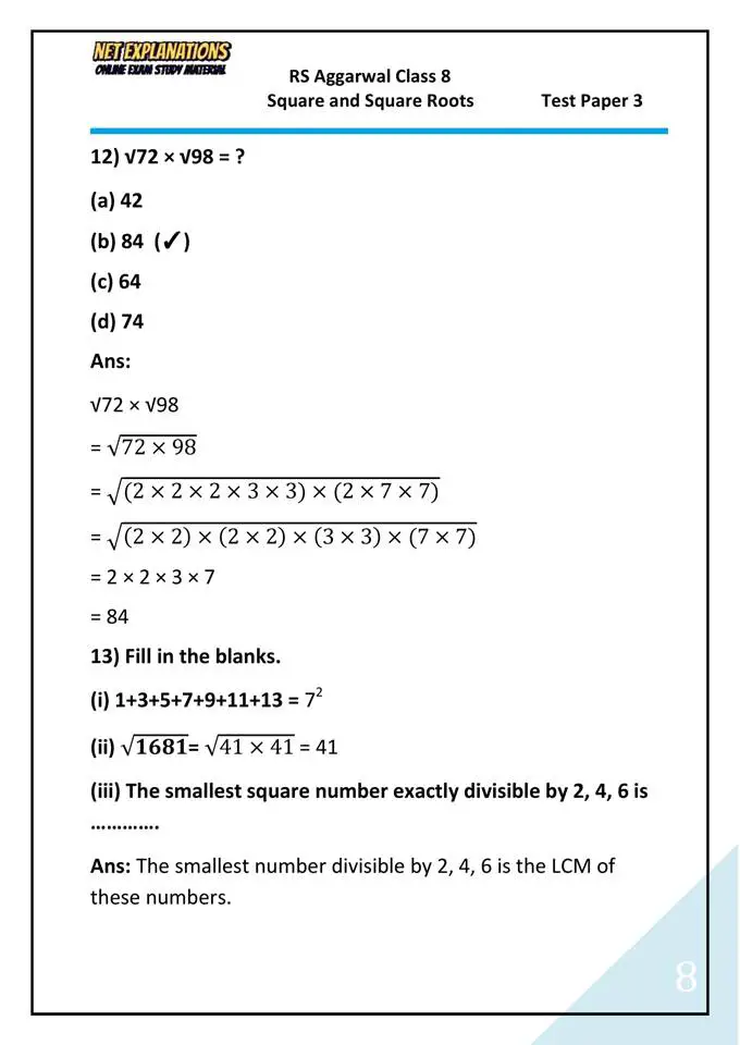 RS Aggarwal Class 8 Test Paper 3 Square and Square Root